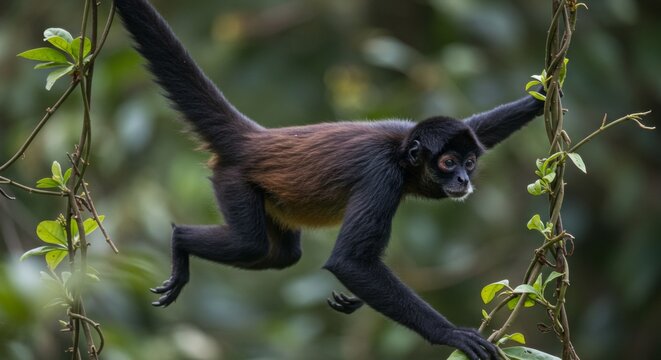 Agile spider monkey gracefully swinging through the dense jungle canopy - Powered by Adobe
