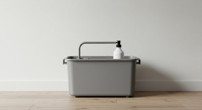 Minimalist Cleaning Caddy with Spray Bottle Against White Wall Background