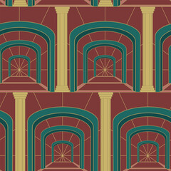 Art Deco Arches Golden Pillars and Sun Bursts in Jewel Tones of Red and Green creating a seamless pattern print