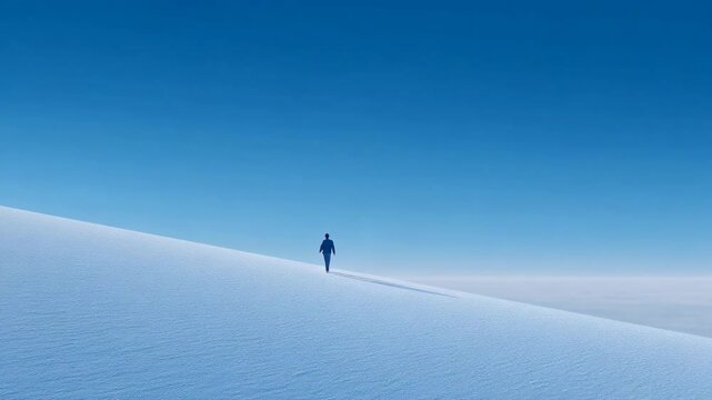 Solitary Journey: A lone figure embarks on a minimalist expedition, trudging through the snowy expanse under the vast, cloudless sky, evoking solitude and exploration. 