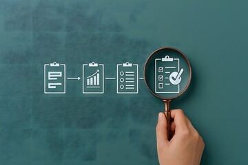 Document review and quality control process. A hand holding magnifying glass focuses on completed checklist in document workflow, symbolizing quality control, verification, and approval. Certificate,