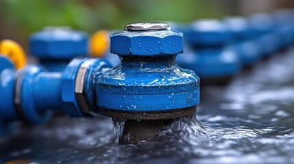 Obraz premium Water flowing from a blue valve with culinary and mechanical applications