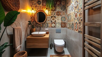 Modern Bathroom Interior with Vibrant Tile Mosaic
