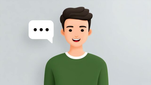 Digital Conversation: A friendly illustrated male figure, framed against a smooth gray backdrop, exudes approachability as a speech bubble hovers nearby, ready to convey a message.