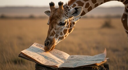 Obraz premium A giraffe intently studying a detailed map in its natural habitat