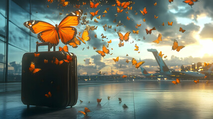 Suitcase surrounded by butterflies at an airport.