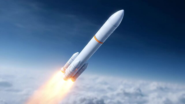 Rocket Ascent: A powerful rocket streaks skyward, its engines blazing, leaving a trail of fire and smoke against a backdrop of clouds, symbolizing exploration and technological advancement.