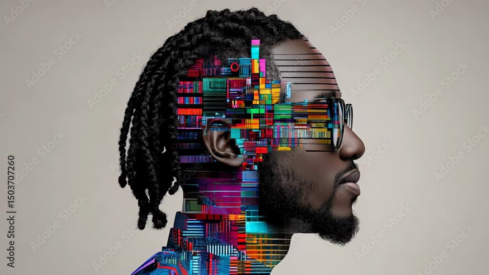Poster technological mindscape: a man's silhouette features a mosaic of high-tech circuit boards and interc
