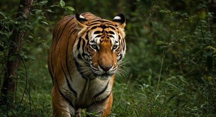 Obraz premium Magnificent Bengal Tiger Strolling Through Lush Green Jungle Habitat