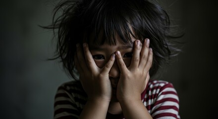 A young child covering their face with hands expressing fear or sadness