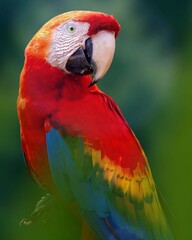 Close-up portrait of a beautiful Red-and-Green Macaw. Bright red and green feathers contrast with the distinctive white face. A stunning tropical bird of beauty.