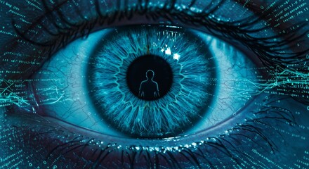 Human Silhouette Reflected in Eye with Binary Code Overlay Concept