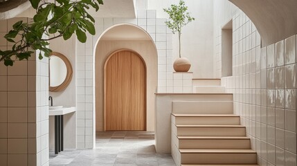 Minimalist Interior Design with White Tile and Wooden Accents