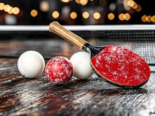Table Tennis Racket and Balls on Rustic Wooden Table