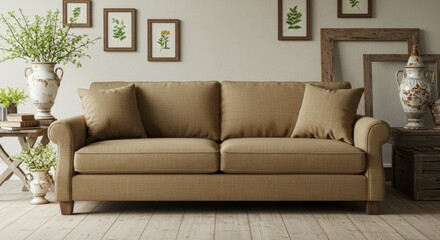 Comfortable living room with sofa and botanical decoration for relaxation