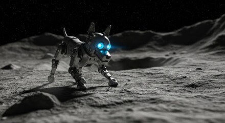 A lonely robotic dog explores the surface of an alien moon with glowing blue eyes