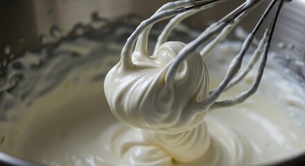 Close-up of Cream Being Whipped to Perfection with a Whisk in a Bowl