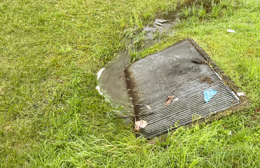 View rainwater flowing into grate with trash, storm drain in park background. 