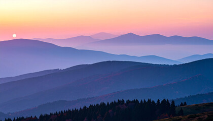 Serene Mountain Vista at Sunset: A breathtaking view of layered mountain ranges bathed in a soft, dreamy hues of a setting sun, inviting viewers to experience a moment of serenity and wonder.