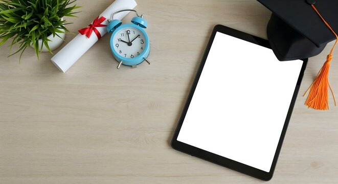 Flat lay of a graduation cap, tablet, smartphone, and earphones on a wooden surface, illustrating back-to-school and e-learning concepts