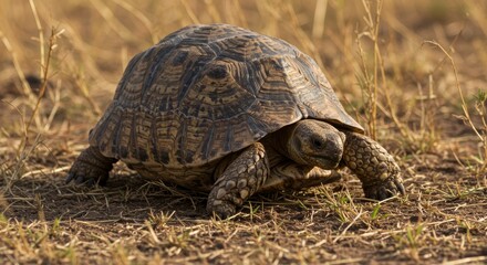 Detailed Close-Up of a Leopard Tortoise in its Natural Habitat on Dry Grass