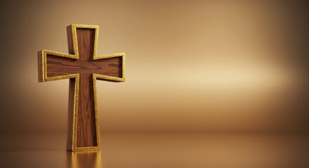 Naklejka premium Elegant Wooden Cross with Golden Edges Symbolizing Faith and Religion