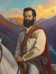 A cinematic, ultra-realistic oil painting style portrait of General Martin Miguel de Guemes on horseback, soft golden light, fine detail, heroic expression, 18th-century military style