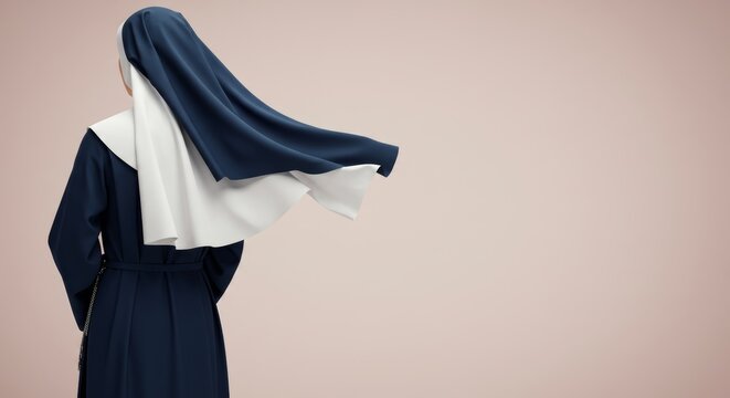 Elegant depiction of a nun's habit in navy and white on a neutral backdrop