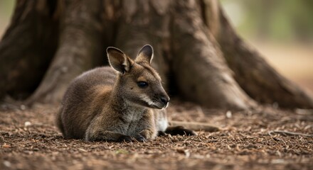 Charming Wallaby Portrait, A Gentle Creature Resting in the Shade near a tree
