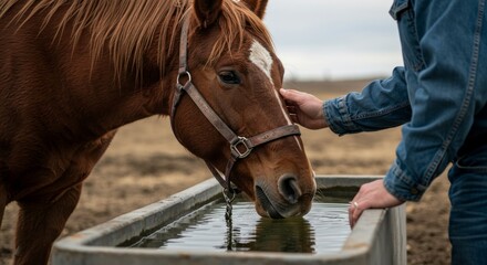Gentle moment, Man lovingly strokes a chestnut horse drinking water