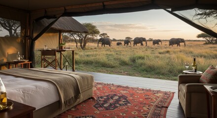 Spectacular safari tent view with elephants in Serengeti National Park