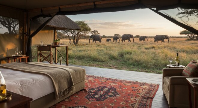 Fototapeta Spectacular safari tent view with elephants in Serengeti National Park