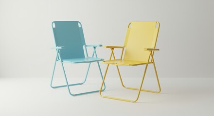 Minimalist studio shot of two colorful folding lawn chairs on a plain backdrop