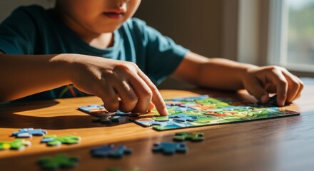 Close-up of a child concentrating while solving a colorful puzzle game on a wooden table filled with sunshine