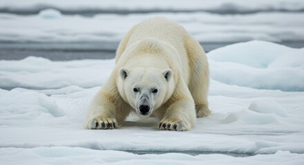 Obraz premium Magnificent polar bear prowling across the arctic ice floes in search of food in a frozen landscape environment