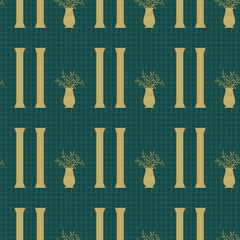 Art Deco Ferns in Urns Between Golden Pillars on Jewel Tone Green creating a seamless pattern print