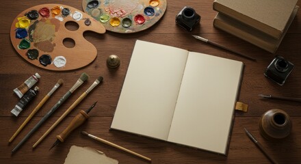 Artistic Composition Featuring Painting Supplies and Open Notebook on Wood