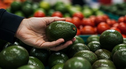 Close-up of Hand Selecting Fresh Avocado at a Vibrant Market Display