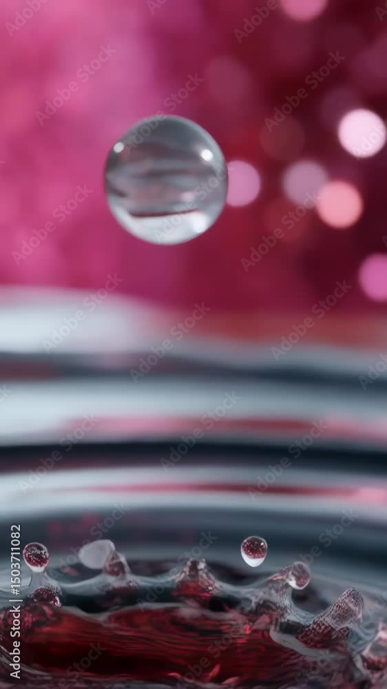 Poster macro shot of vibrant red liquid drop forming a crown splash with floating clear orbs reflecting the