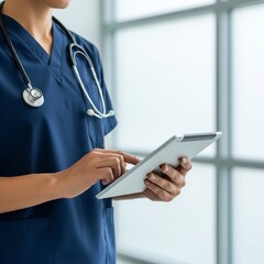 Clinician checking records on digital tablet wearing stethoscope in hospital room background