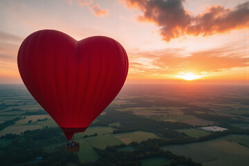 Fototapeta premium hot air balloon in the shape of a heart flying over a field