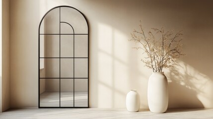 Minimalist Interior Design with Arch Window and Dried Flowers