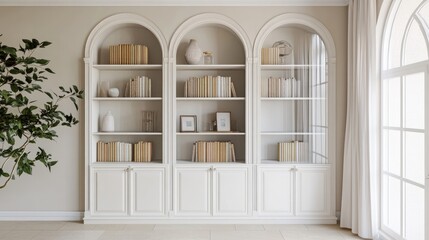 White Bookshelf with Arched Top in Modern Living Room