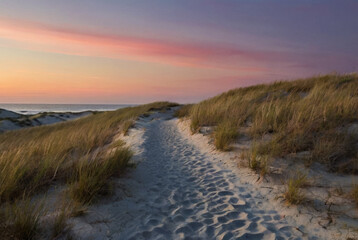 A winding path through empty dunes under twilight, footsteps the only trace of presence. A subtle beam of light ahead suggests a divine destination. Tranquil and symbolic