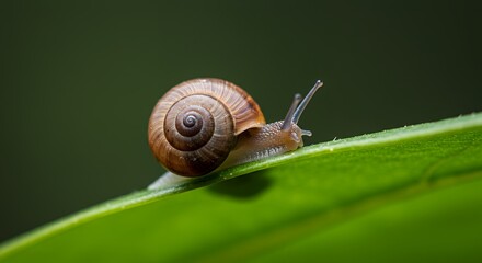 Snail's Journey: A Macro Photography of a Snail Crawling on a Lush Green Leaf