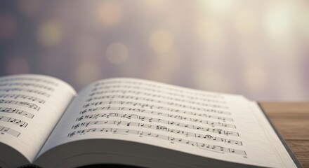 Open Hymnal with Liturgical Music on Wooden Table with Bokeh Background