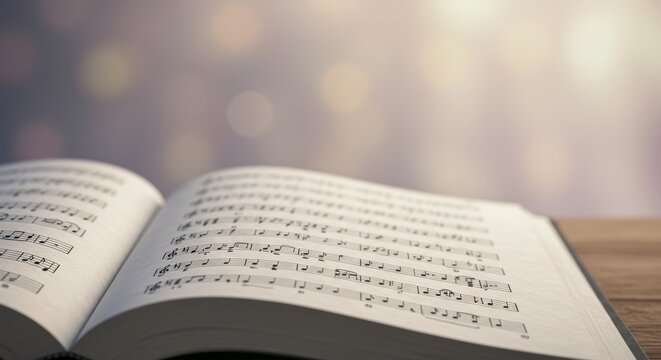 Open Hymnal with Liturgical Music on Wooden Table with Bokeh Background