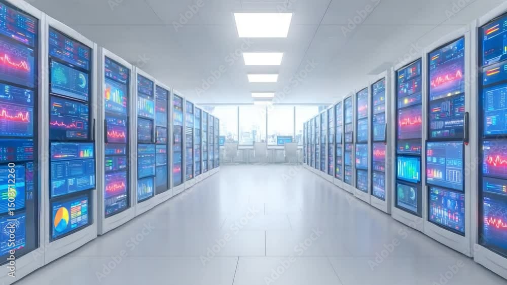 Poster Digital Data Center: A high-tech data center showcases rows of illuminated server racks, filled with advanced computer screens, showcasing information processing, data storage.
