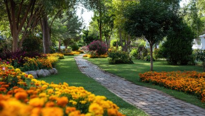 Garden path surrounded by flowers and trees