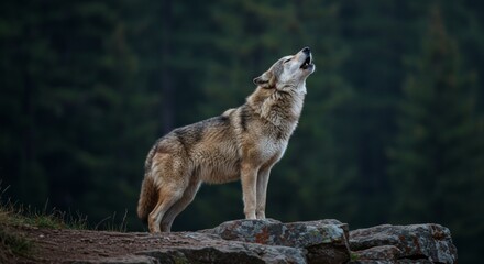 Obraz premium Majestic gray wolf howling on rocky outcrop against a forest backdrop
